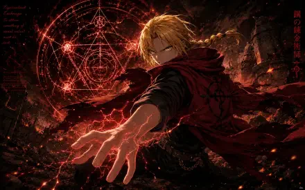 Edward Elric from the anime reaching forward, crimson cloak whipping, glowing transmutation circle and embers behind him — 4K Ultra HD PC desktop wallpaper background.