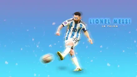 4K Ultra HD desktop wallpaper of a soccer player in a blue-and-white striped kit kicking a ball on a bright turquoise background, dynamic sports action.