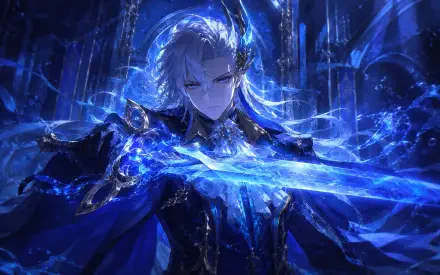 Neuvillette (Genshin Impact) in anime style, wielding a glowing blue watery blade amid swirling water and light; dramatic 4K Ultra HD PC desktop wallpaper/background.