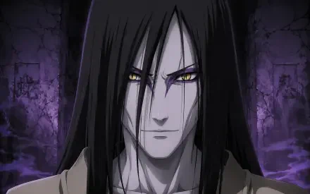 Orochimaru (Naruto) close-up: pale face, long black hair and yellow snake-like eyes against a purple-lit stone chamber — 4K Ultra HD anime PC desktop wallpaper