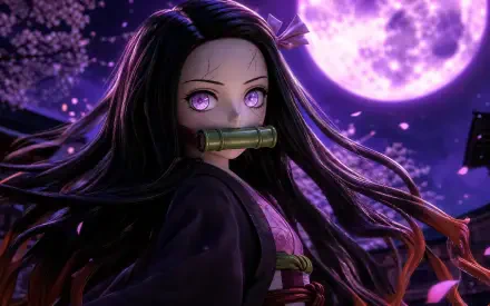 Nezuko Kamado anime portrait beneath a glowing purple moon, long hair and bamboo muzzle, vibrant 4K Ultra HD PC desktop wallpaper and background.