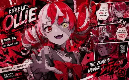 4K Ultra HD PC wallpaper of Kureiji Ollie, Virtual Youtuber — red-and-black comic-style zombie idol with twin pigtails, one yellow eye, reaching hand amid grungy panels and text.