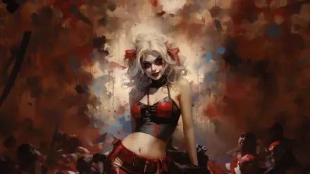Comic digital art of a white‑haired femme fatale in a red-and-black costume amid a smoky, painterly scene — 2K Quad HD PC desktop wallpaper and background.