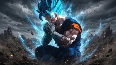 Goku (Anime) kneeling on cracked earth, glowing blue Super Saiyan aura and stormy sky — 4K Ultra HD PC desktop wallpaper/background.