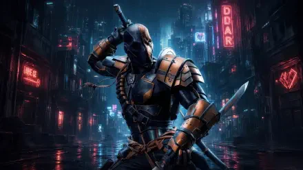 4K Ultra HD digital art PC desktop wallpaper and background: Deathstroke in armored suit with dual blades, crouched in a neon-lit cyberpunk city street.