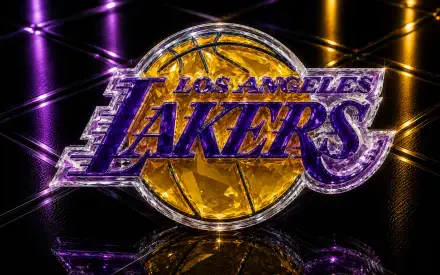 4K Ultra HD PC desktop wallpaper featuring an illuminated Los Angeles Lakers NBA logo on a glossy reflective purple-and-gold surface.