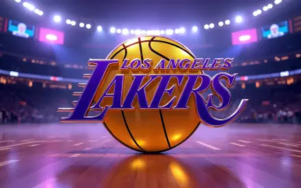 4K Ultra HD PC desktop wallpaper: glowing basketball on an illuminated NBA arena court with a bold Los Angeles Lakers logo in purple and gold.