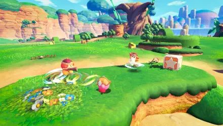 4K Ultra HD PC desktop wallpaper and background from Kirby and the World Beyond: Kirby and friends on grassy floating islands in a colorful video game scene.