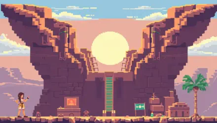 4K Ultra HD PC desktop wallpaper: pixel-art Egypt at sunset — sun framed by carved cliffs above a temple entrance with stairs, palm tree and tiny figures.