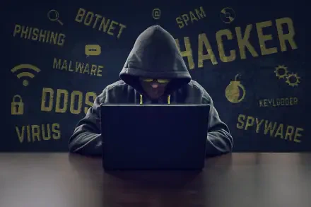 5K Ultra HD PC desktop wallpaper showing a hooded hacker at a laptop in a dark terminal-style background with words: HACKER, DDOS, MALWARE, SPYWARE.