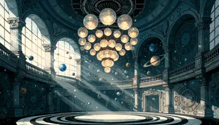 4K Ultra HD PC desktop wallpaper of a grand ballroom interior: sunlit marble hall with ornate chandelier, balconies, decorative columns and floating celestial orbs.