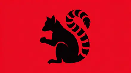 Black lemur-squirrel silhouette (animal) with a curled striped tail on bright red — 2K Quad HD PC desktop wallpaper/background.