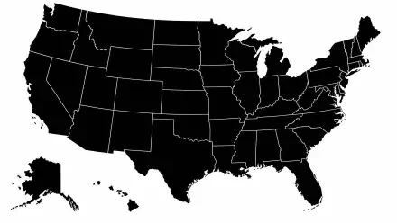 Black silhouette map of the United States with state boundaries and separated Alaska and Hawaii — 4K Ultra HD PC desktop wallpaper background.