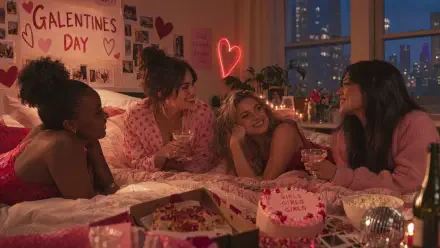 Galentine's Day friendship party: four women laughing on a cozy bed with cake, drinks and candles in warm light — 4K Ultra HD PC desktop wallpaper and background.