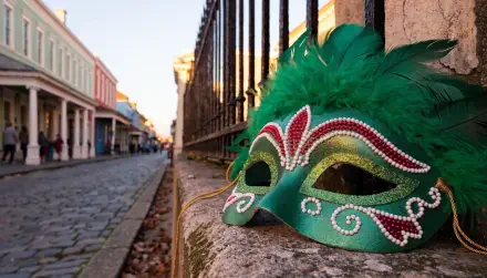 Green feathered Mardi Gras carnival mask on a stone ledge with a blurred New Orleans cobblestone street, 2K Quad HD PC desktop wallpaper and background.