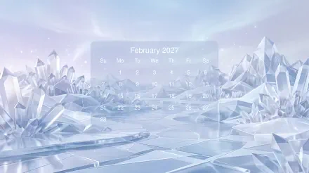 February 2027 calendar overlaid on a 5K Ultra HD PC desktop wallpaper of a frozen crystal winter landscape with sparkling ice peaks and a mirrored icy floor.