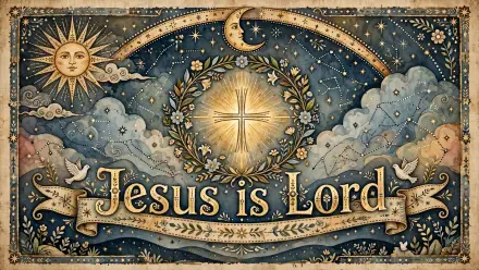 HD PC desktop wallpaper: ornate Christian illustration with radiant cross and laurel, Jesus is Lord banner amid sun, moon, stars and doves.