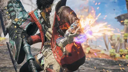 Monster Hunter Wilds Ascendance scene: armored warrior in detailed battle armor fires a glowing blast from a gauntlet amid sparks — 4K Ultra HD PC desktop wallpaper/background.