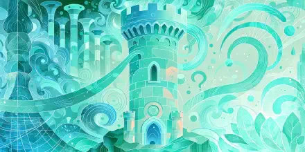 2K Quad HD PC desktop wallpaper featuring a stylized turquoise castle tower rising amid swirling abstract waves and pillars, with ornate battlements and glowing windows.