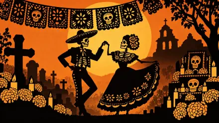 4K Ultra HD PC desktop wallpaper background: Day of the Dead dancing skeleton couple with skull motifs, marigolds, candles and altars in a silhouetted graveyard at sunset.