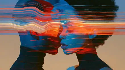 2K Quad HD PC desktop wallpaper and background: abstract portrait of a couple in profile, faces close, vivid horizontal color streaks blending into a luminous expression of love.