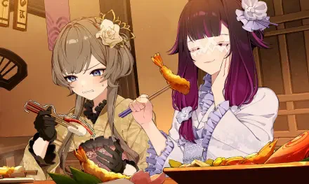 HD PC wallpaper of Genshin Impact characters Sandrone and Columbina sharing a meal at a wooden table, eating skewers and noodles under warm, cozy tavern lighting.