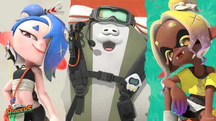 Splatoon Raiders HD PC desktop wallpaper showing three stylized characters: a blue-haired inkling, a goggled white seal in gear, and a brown inkling against vivid color panels.