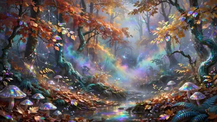 HD PC desktop wallpaper of an autumn fall forest: glowing mushrooms beside a misty stream, vibrant leaves and rainbow light filtering through trees.
