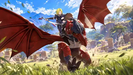 Dragon rider Seteth from Fire Emblem: Fortune's Weave soars on a red-winged dragon above sunlit grassy plains — 4K Ultra HD PC desktop wallpaper and background.