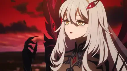 Ronova from Genshin Impact: white-haired anime girl with golden eyes and dark armor, reaching out against a blood-red sky with a shadowy figure behind — HD PC desktop wallpaper background.