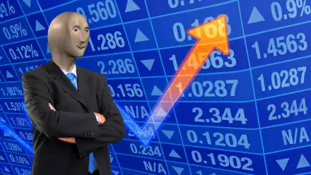 4K Ultra HD PC desktop wallpaper/background showing the Stonks meme businessman in a suit with arms crossed over a blue stock market ticker and rising orange arrow, business finance.