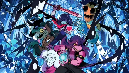 4K Ultra HD PC desktop wallpaper — anime-style Deltarune scene with Kris and Susie front and center, allies behind them amid jagged ice-blue shards and dramatic, high-contrast colors.