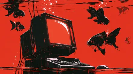 2K Quad HD PC desktop wallpaper: a vintage CRT computer submerged underwater, black goldfish circling against a vivid red backdrop.