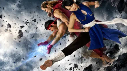 Dynamic 4K Ultra HD PC desktop wallpaper background featuring Street Fighter (2026): three fighters, a blond, a red-band warrior and a blue-clad combatant, midair kicks amid flying debris.