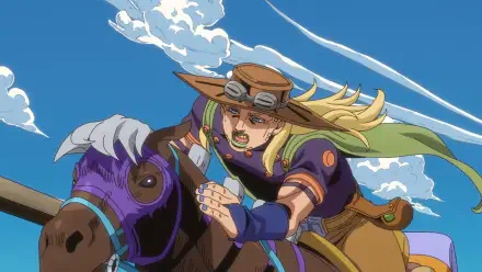 HD PC desktop wallpaper featuring Gyro Zeppeli from Steel Ball Run — anime rider racing on a galloping horse beneath a bright blue sky background.