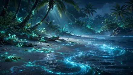 HD PC desktop wallpaper of a tropical beach at night: palm trees, dense foliage and bioluminescent ocean swirls lighting the sand.