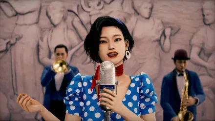 HD PC desktop wallpaper Stranger Than Heaven: a woman singer in a blue polka-dot dress holds a vintage microphone with a jazz band playing behind her.