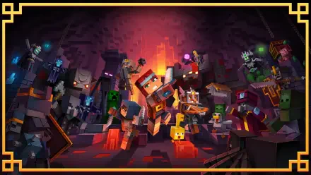 Minecraft Dungeons II video game scene: blocky Minecraft heroes and monsters clash in a glowing cavern — 4K Ultra HD PC desktop wallpaper and background.