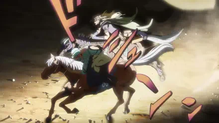 HD PC desktop wallpaper of Steel Ball Run: Johnny Joestar and Gyro Zeppeli racing on horseback across a moonlit, dust-filled plain with bold motion lines.