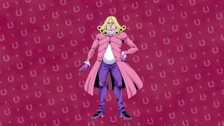 4K Ultra HD PC wallpaper of Funny Valentine (Steel Ball Run): pale, confident figure in long pink coat and purple trousers posed against a repeating horseshoe-pattern magenta background.