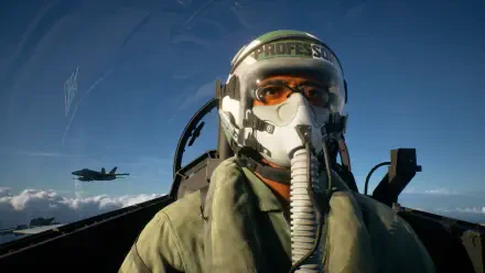 Ace Combat 8: Wings of Theve HD PC desktop wallpaper — cockpit view of a jet fighter pilot wearing helmet and oxygen mask, another fighter visible over clouds.