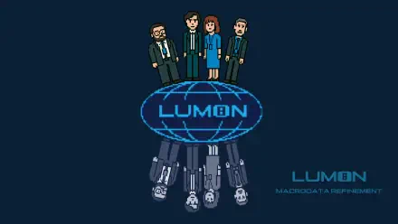 4K Ultra HD pixel-art PC wallpaper: four office workers above a glowing LUMBON globe with mirrored robotic figures below — Severance (Apple TV+), job, macrodata.