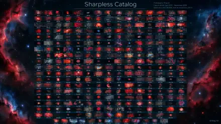 4K Ultra HD PC desktop wallpaper showing the Sharpless astronomy catalog: a grid of nebula thumbnails over a red-blue space and starfield background.
