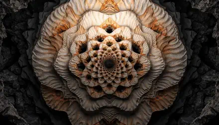 Abstract fractal mandala of layered beige and black concentric petal-like ridges, textured depth and shadow — 4K Ultra HD PC desktop wallpaper and background.
