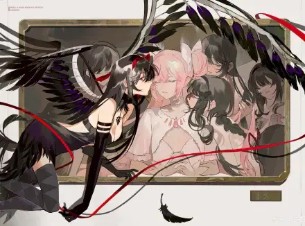 HD anime PC desktop wallpaper of Homura Akemi with black wings leaning over Madoka Kaname (pink hair), red ribbons and mirrored figures — Puella Magi Madoka Magica