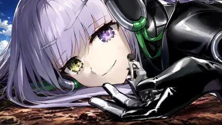 HD PC desktop wallpaper — Fate (Series) / Fate/Extra CCC / Fate/extra: close-up of a silver-lilac-haired heroine with heterochromatic eyes, glossy black combat suit and green headphones, lying on the ground.