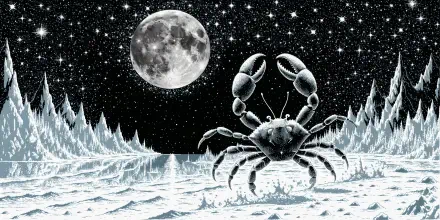 4K Ultra HD desktop wallpaper: Cancer (astrology) crab on a snowy lunar landscape beneath a full moon and star-filled night sky.