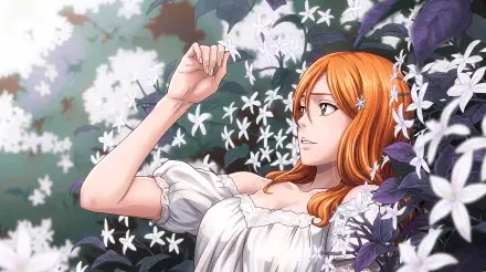 Orihime Inoue from Bleach: Thousand-Year Blood War — anime girl in a white dress lying among white flowers, orange hair framing her face; 5K Ultra HD PC desktop wallpaper/background.