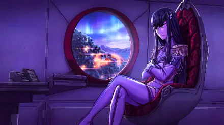 Satsuki Kiryūin (Kill La Kill) anime girl seated in a throne-like chair bathed in purple light, porthole reveals glowing coastal city — 5K Ultra HD PC desktop wallpaper/background.