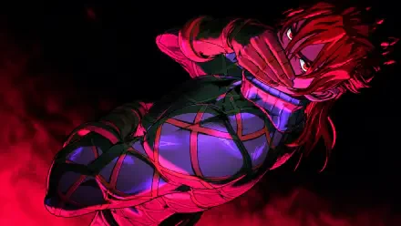 Anime HD PC desktop wallpaper — Diego Brando (JoJo's Bizarre Adventure) in red-purple lighting, bound outfit and fierce glare against a smoky dark background.